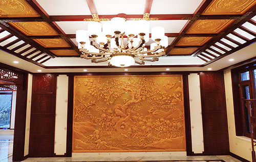深州中式别墅客厅中式木作横梁吊顶装饰展示